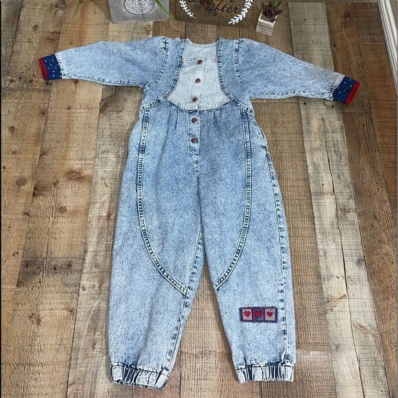 VTG Little Levi's Acid Wash Denim Romper Baby Girls 6 Cotton USA MADE - Picture 1 of 11